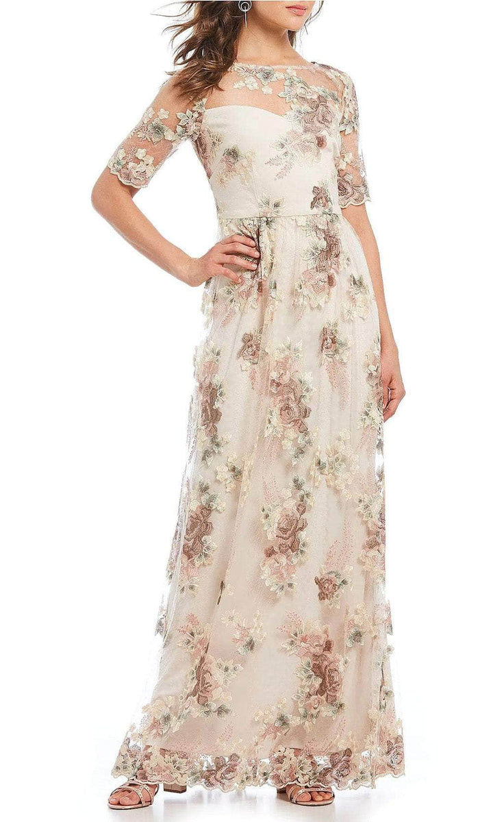 Adrianna Papell AP1E203576 Illusion Sleeve Floral Evening Gown