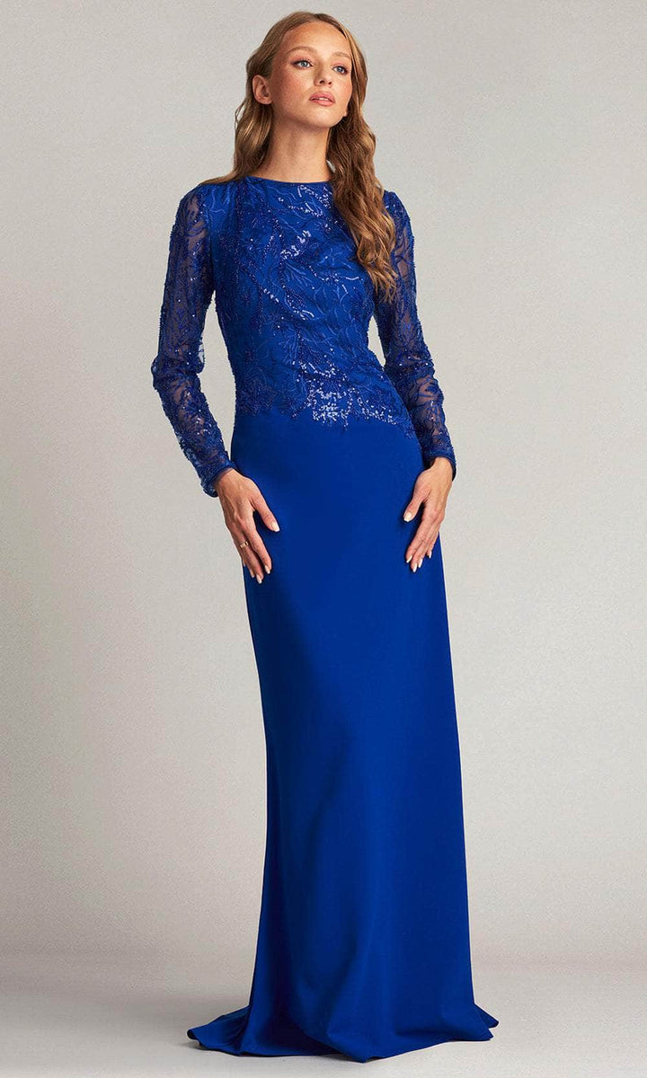 Tadashi Shoji Navy Blue Lace Sequin 2024 Embroidered Floral Appliqué Dress Gown Sz 2