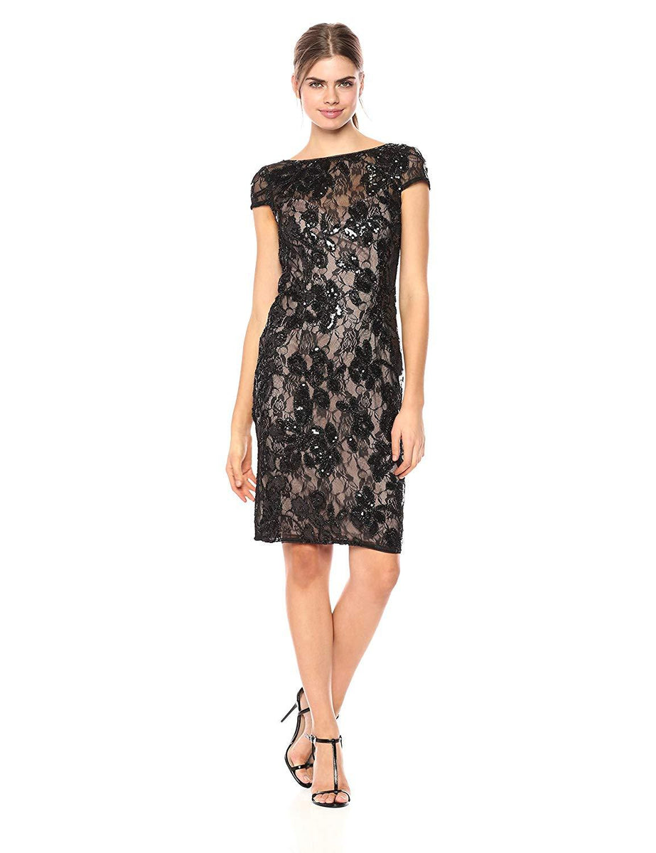 Adrianna Papell AP1E201934 Embroidered Sequined Bateau Sheath