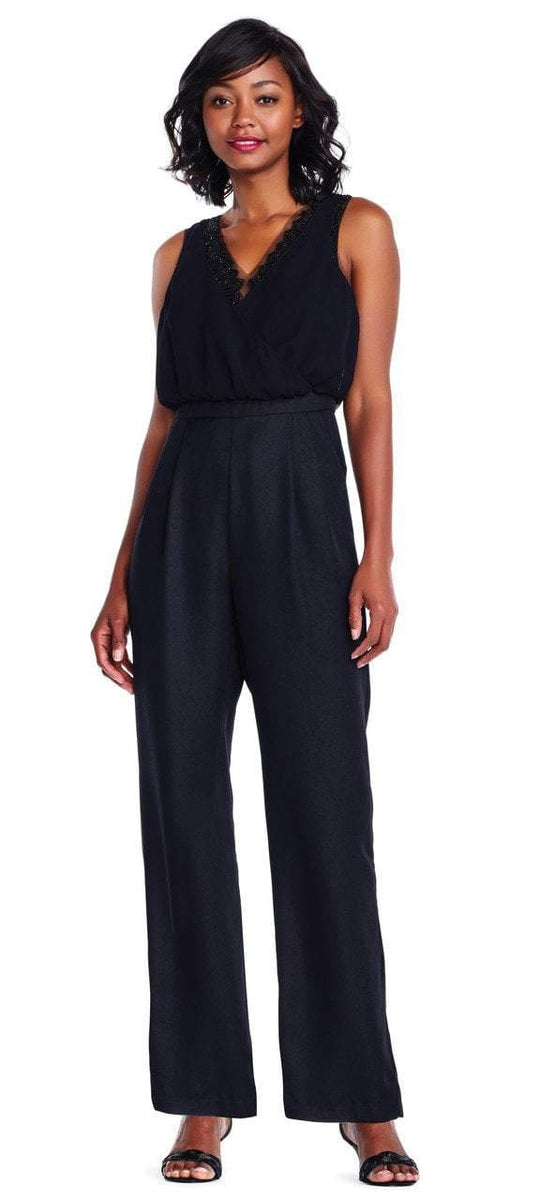 Adrianna Papell AP1E203142 Beaded V neck Chiffon Jumpsuit