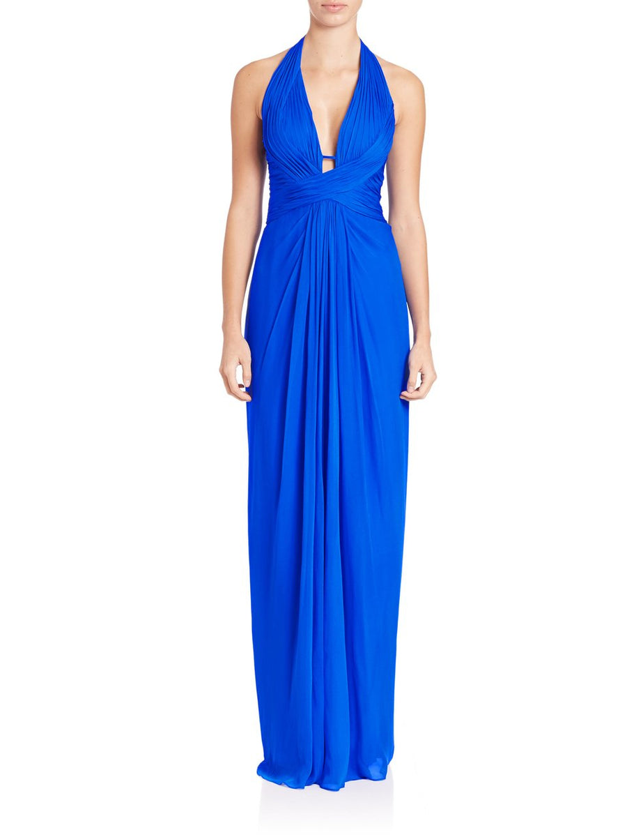 Aidan Mattox Crisscross Strapped Midriff Plunging Halter Gown