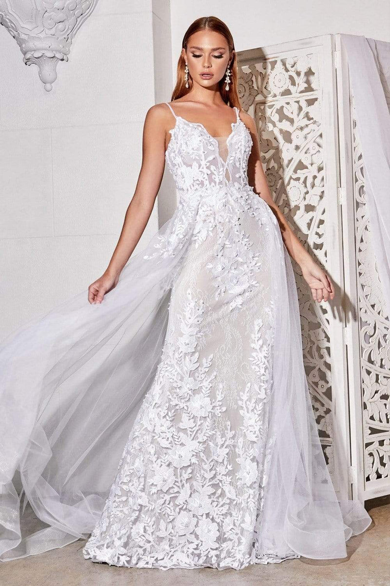 Cinderella Divine Bridal - CD931W V-Neck Lace Bridal Gown with Overskirt