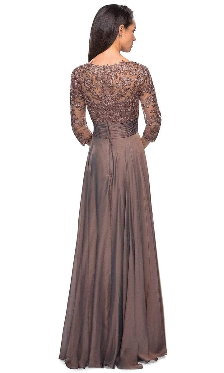 La Femme - 27153 Sheer Lace Quarter Sleeves Empire Waist Chiffon Gown