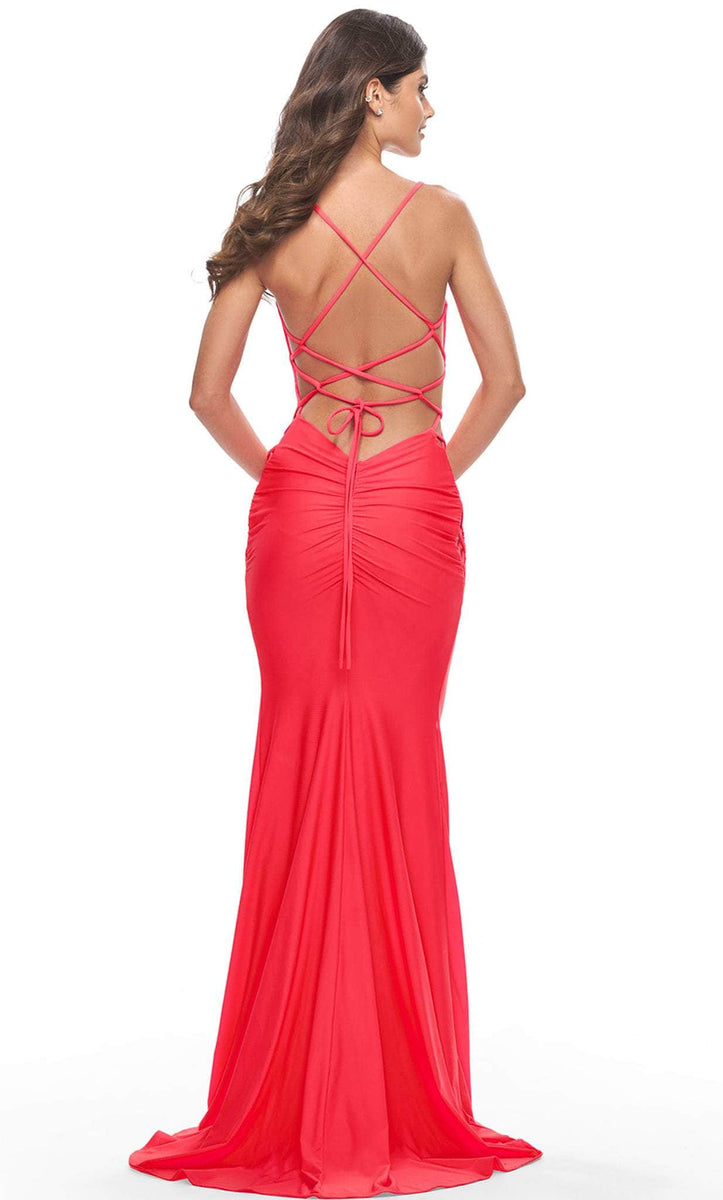 La Femme 31438 - Lace-up Back Draping Neck Prom Dress