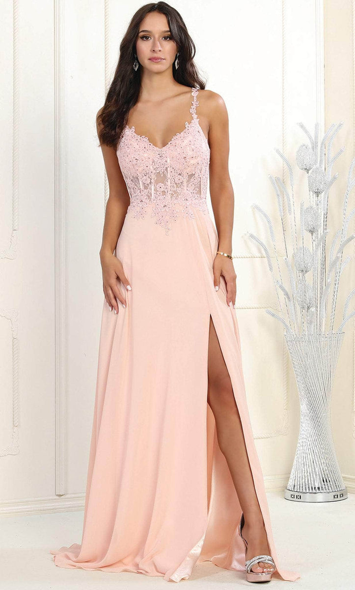 May Queen MQ1958 - Embroidered V-Neck Prom Gown