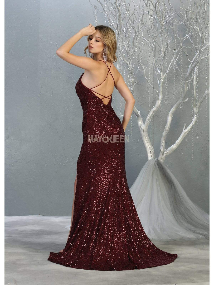 May Queen - RQ7852 Sequin Embellished Deep V-Neck Dress with Slit