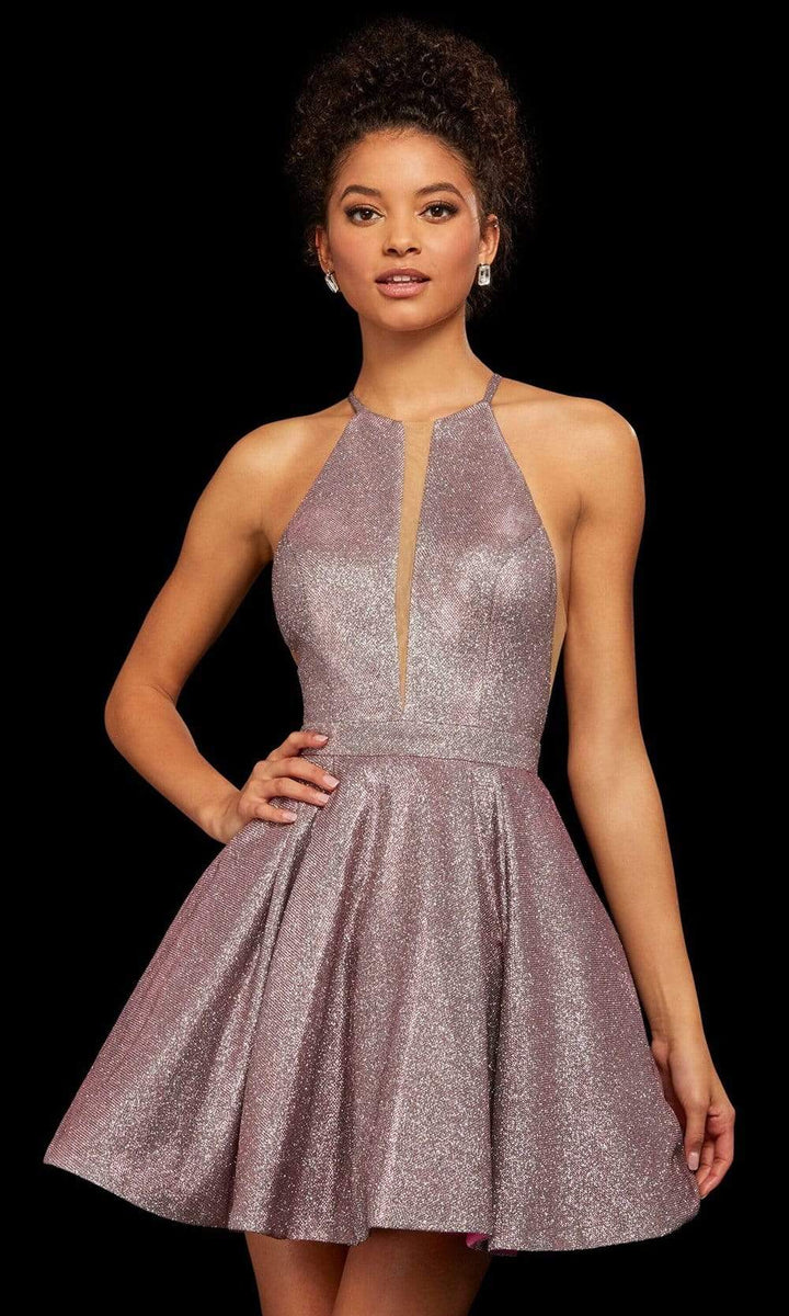 Halter Short Fuchsia Glitter Dresses