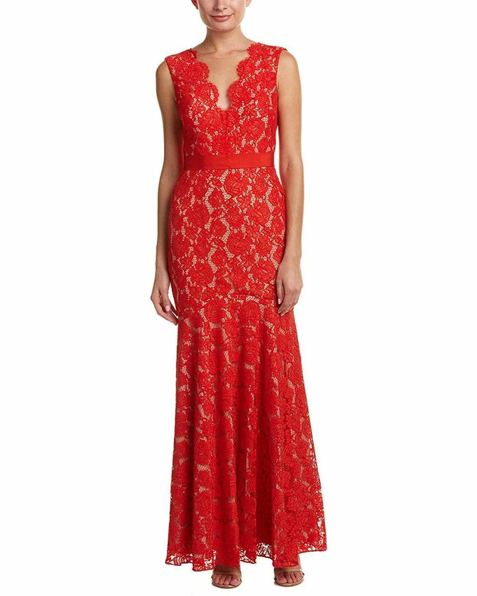 Theia 883183 Floral Lace Scalloped V neck Trumpet Dress