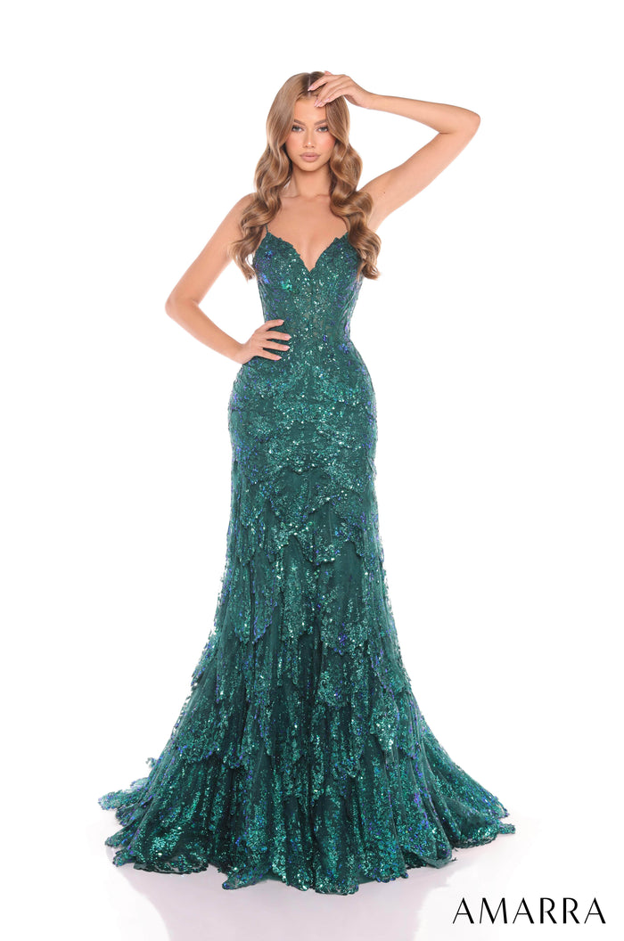 Amarra 88378 - Sleeveless Sequin Trumpet Gown In Green