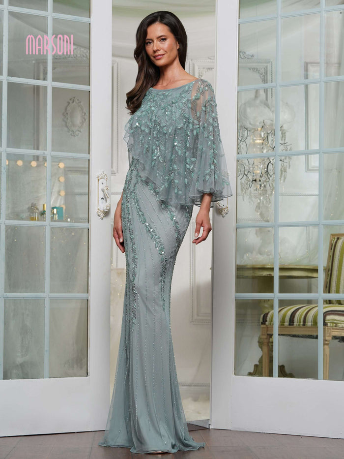 Marsoni by Colors MV1343 - Rhinestone Embellished Column Evening Gown In Blue