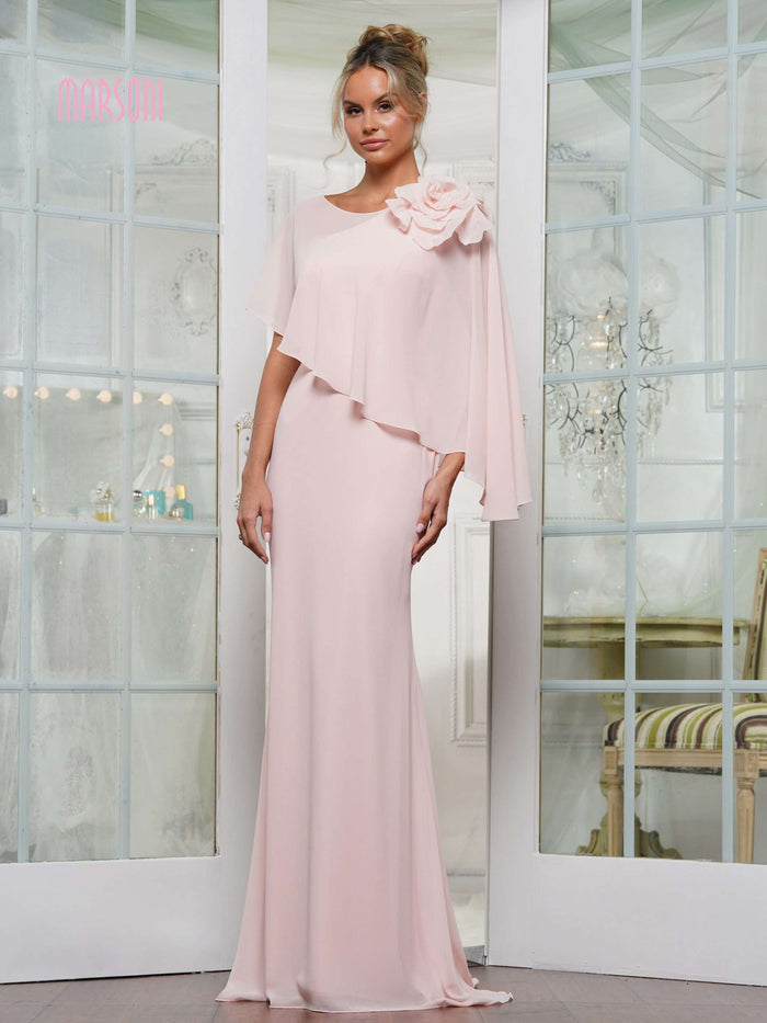 Marsoni by Colors MV1347 - Applique Cape Evening Gown In Pink