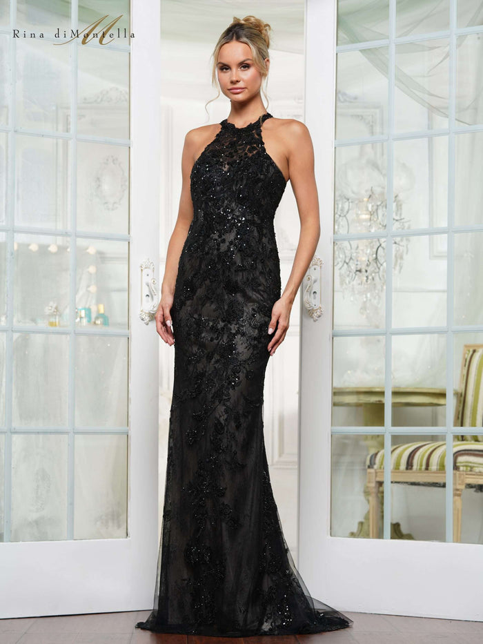 Rina Di Montella RD3247 - Embroidered High Neck Prom Gown In Black