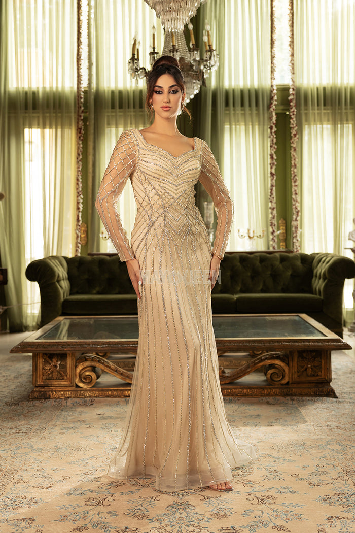 May Queen RQ8132 - Long Sleeve Sweetheart Evening Gown In Gold