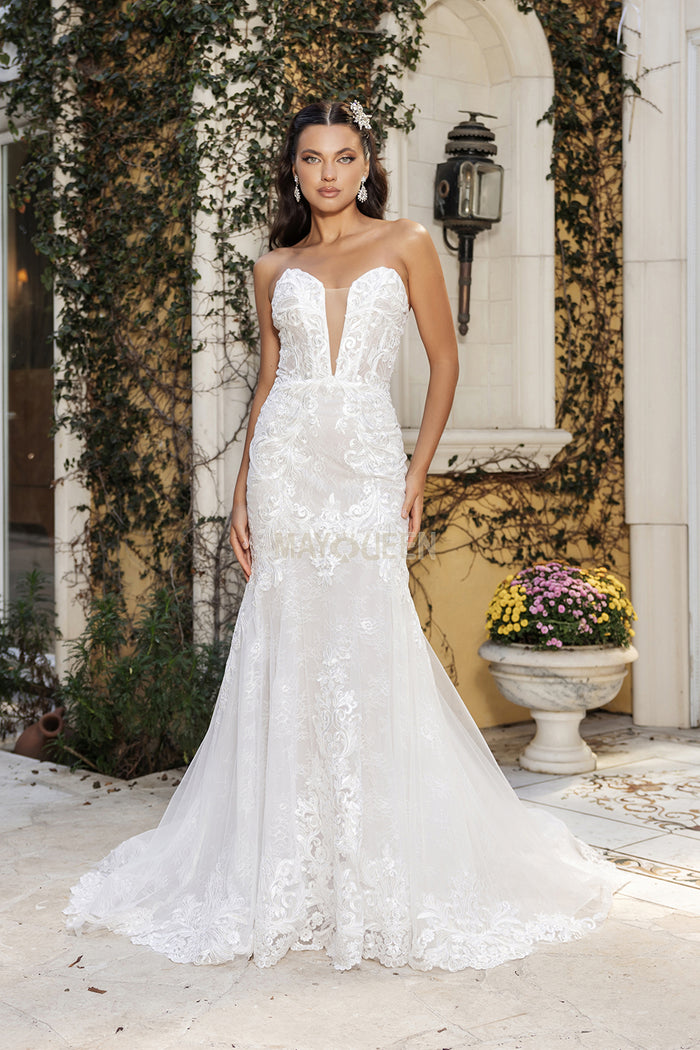 May Queen RQ8145 - Strapless Lace Applique Bridal Gown In White