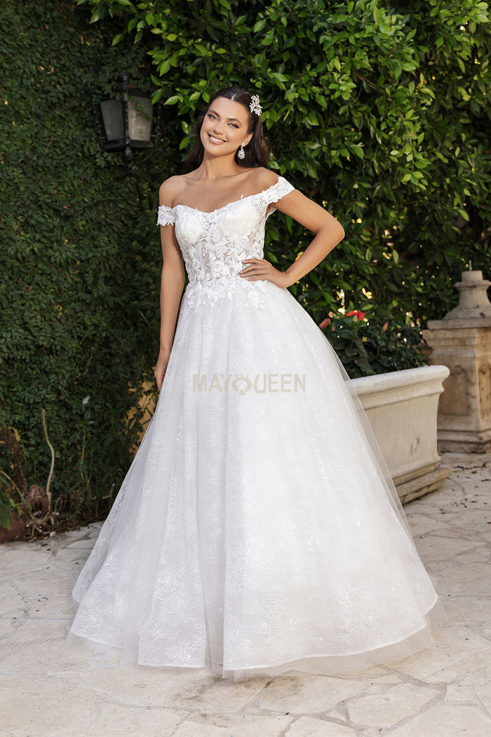 May Queen RQ8166 - Off-Shoulder Lace Applique Bridal Gown In White