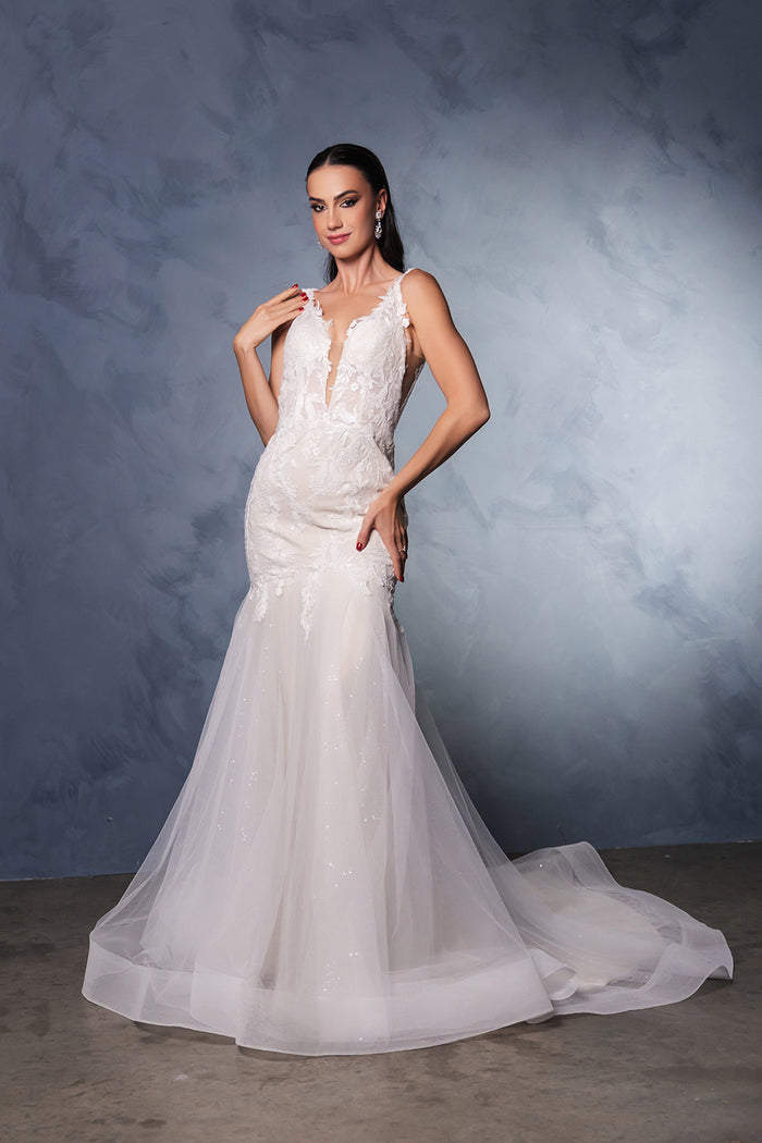 May Queen RQ8181 - Plunging Neck Sleeveless Bridal Gown In White