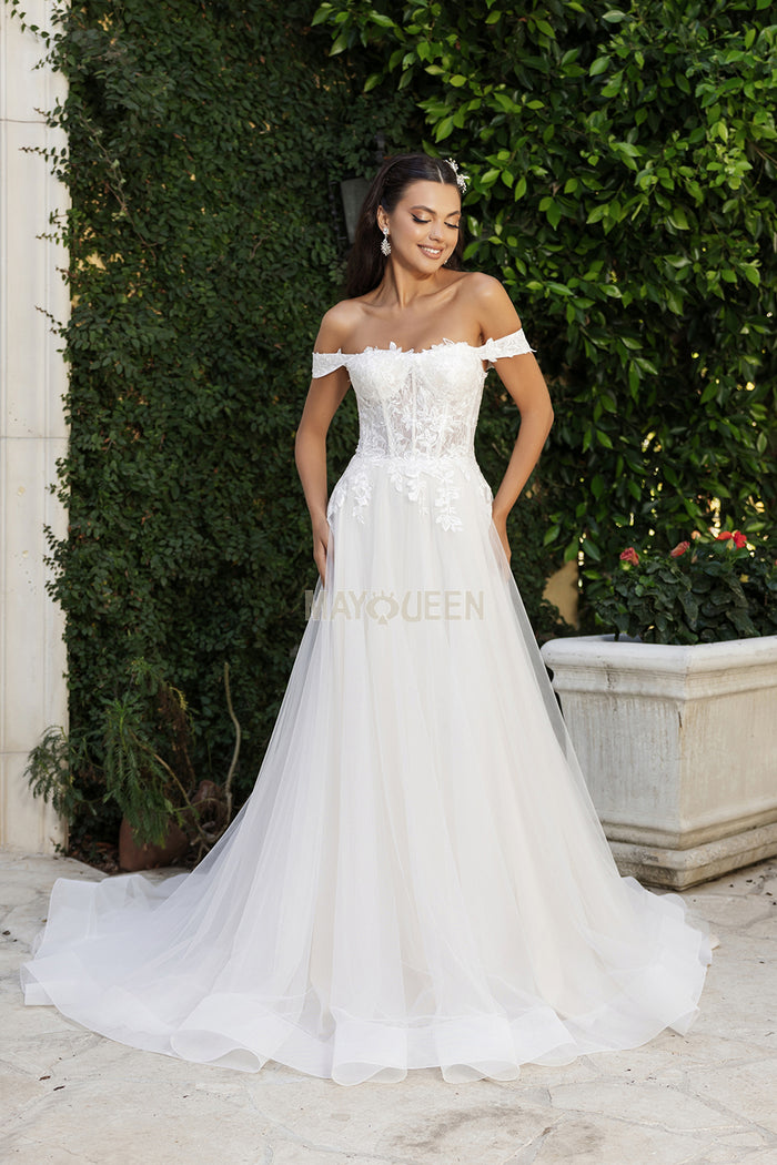 May Queen RQ8182 - Off-Shoulder Corset Bodice Bridal Gown In White