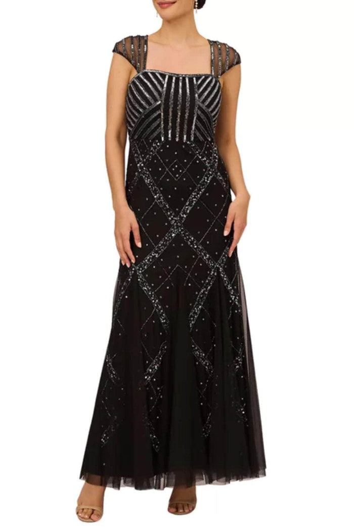 Adrianna Papell AD5E210703 - Cap Sleeve Bead Embellished Evening Dress Evening Dresses 10 / Black Gunmetal