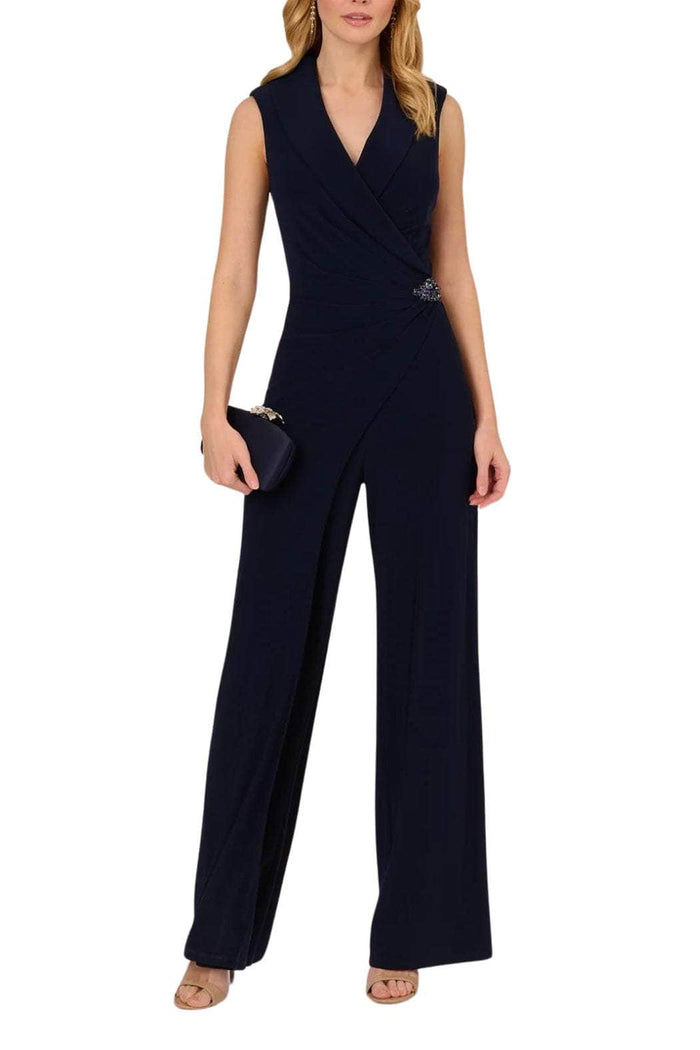 Adrianna Papell AP1D105272 - Collared V-Neck Wrap Bodice Jumpsuit Formal Pantsuits 10 / Midnight