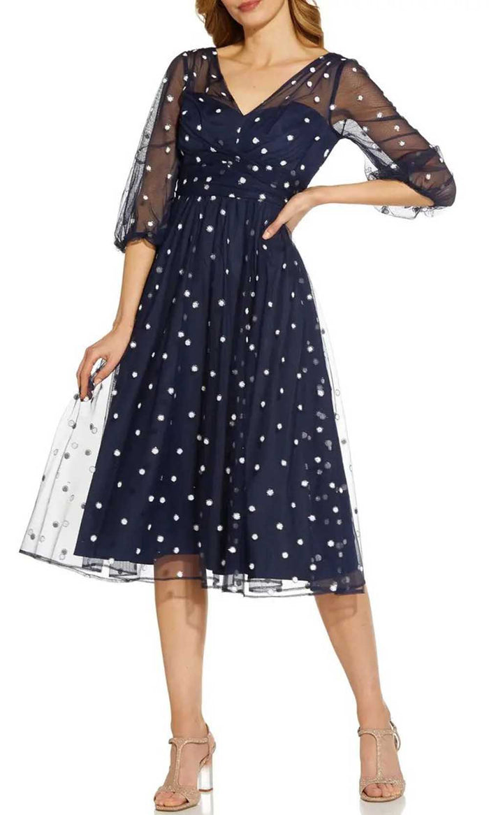 Adrianna Papell AP1E208991 - Tea Length Polkadot Dress Cocktail Dresses 2 / Navy