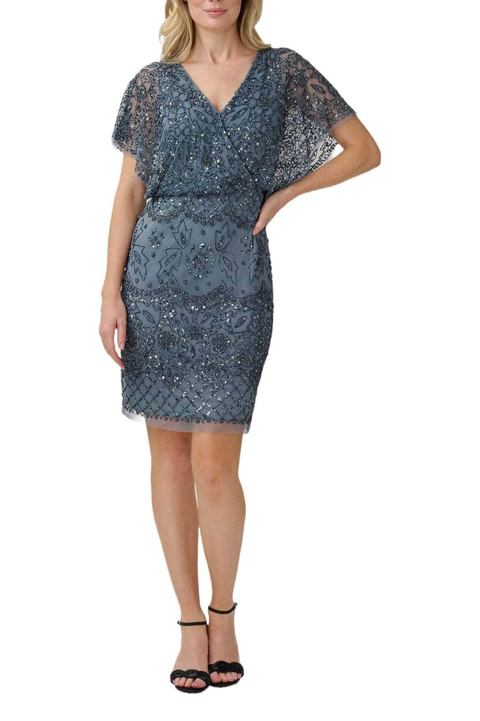 Adrianna Papell AP1E209322 - Embellished Short Sleeve Cocktail Dress Cocktail Dresses 2 / Dusty Blue