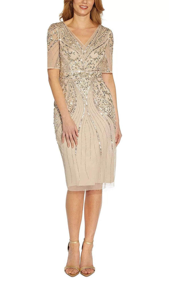 Adrianna Papell AP1E209809 - Beaded V Neck Mesh Dress Special Occasion Dress 0 / Biscotti