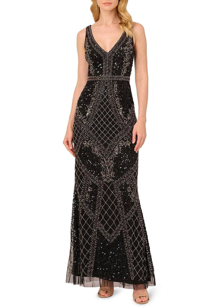 Adrianna Papell AP1E210783 - Bead Embellished Sleeveless Long Dress Prom Dress 12 / Black Gold