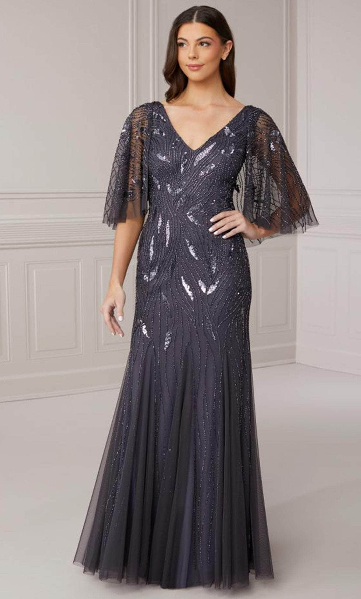 Adrianna Papell Platinum 40417 Beaded V Neck Evening Dress