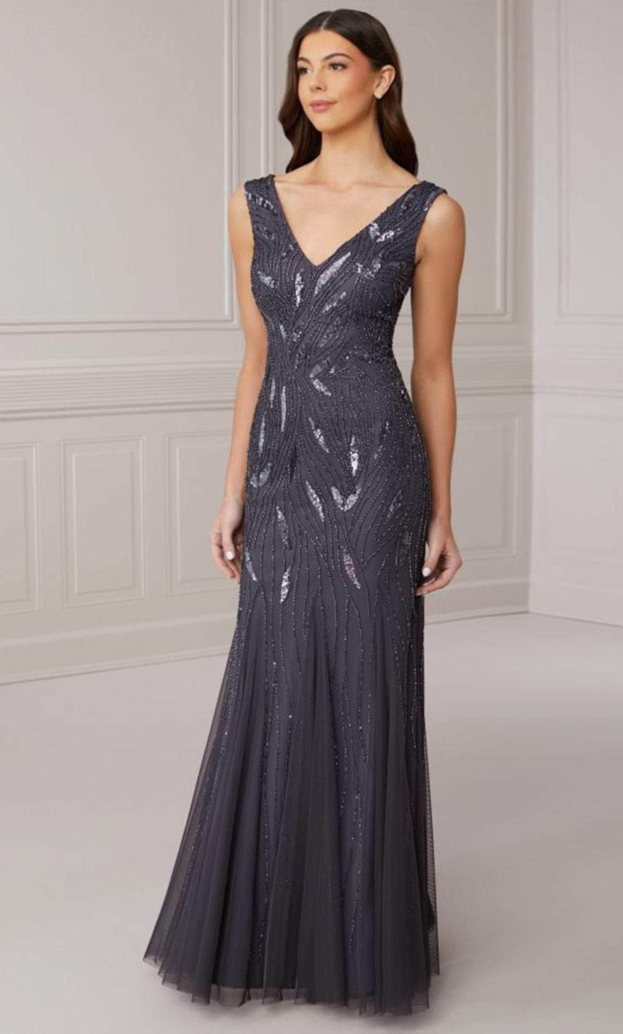 Adrianna Papell Platinum 40417 - Beaded V-Neck Evening Dress – Couture Candy