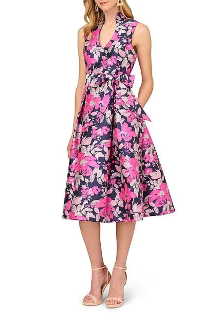 Aidan Mattox MD1E208159 - Floral Print Collared V-Neck Evening Dress Semi Formal 0 / Pink Multi