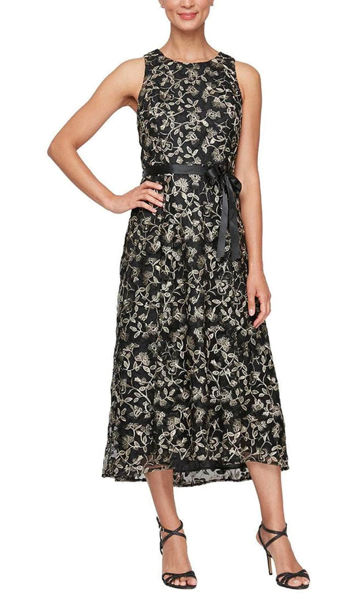 Alex Evenings 51171675 - Sleeveless Floral Embroidered Tea-Length Dress Wedding Guest 2 / Black Gold