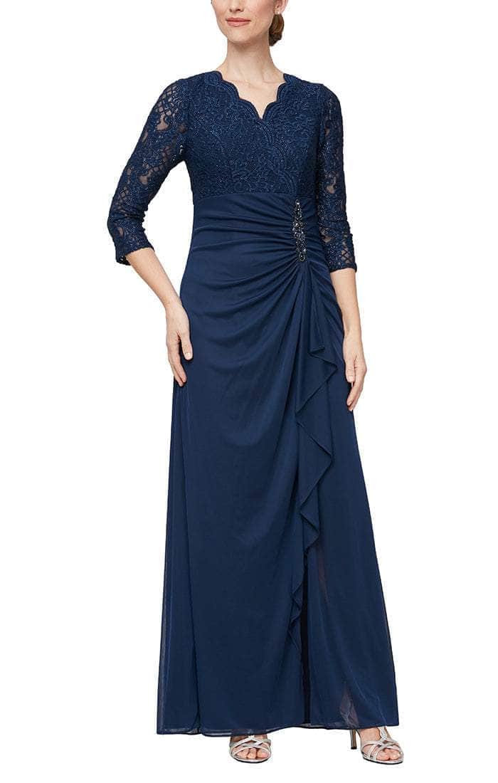 Alex Evenings 81122469 - Evening Dress with Scalloped Lace Accents Mother Of The Bride Dresses 8 / Navy