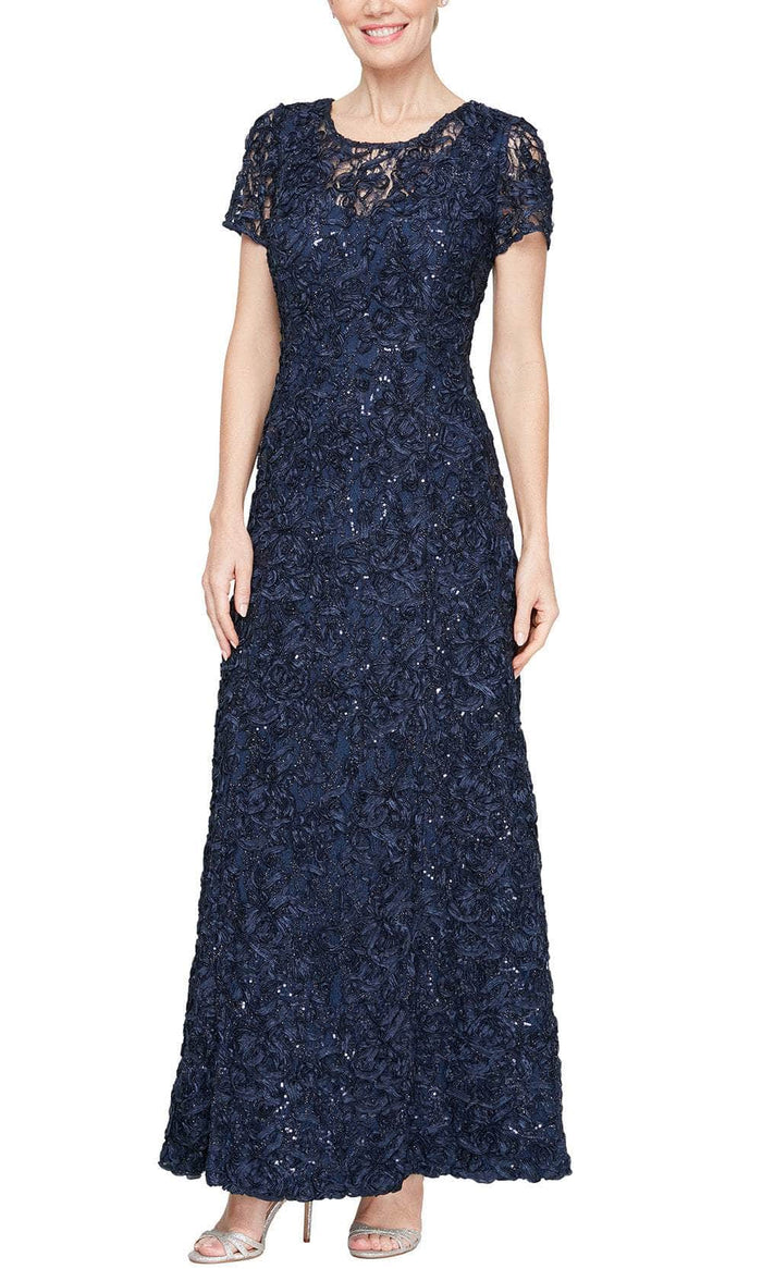 Alex Evenings 81122670 - Short Sleeve Floral Motif Long Dress Mother of the Bride Dresses 2 / Navy