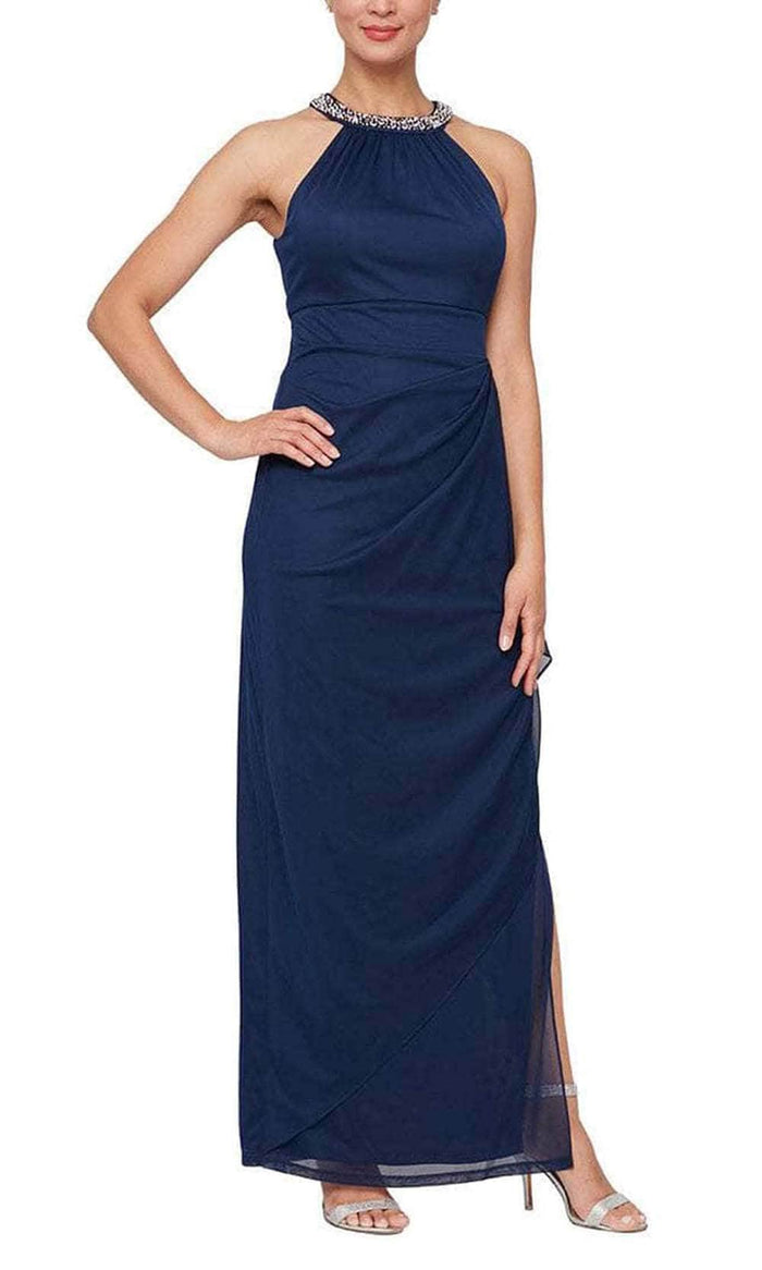 Alex Evenings 8132966 - Beaded Halter Neck Long Dress Evening Dresses 12 / Navy