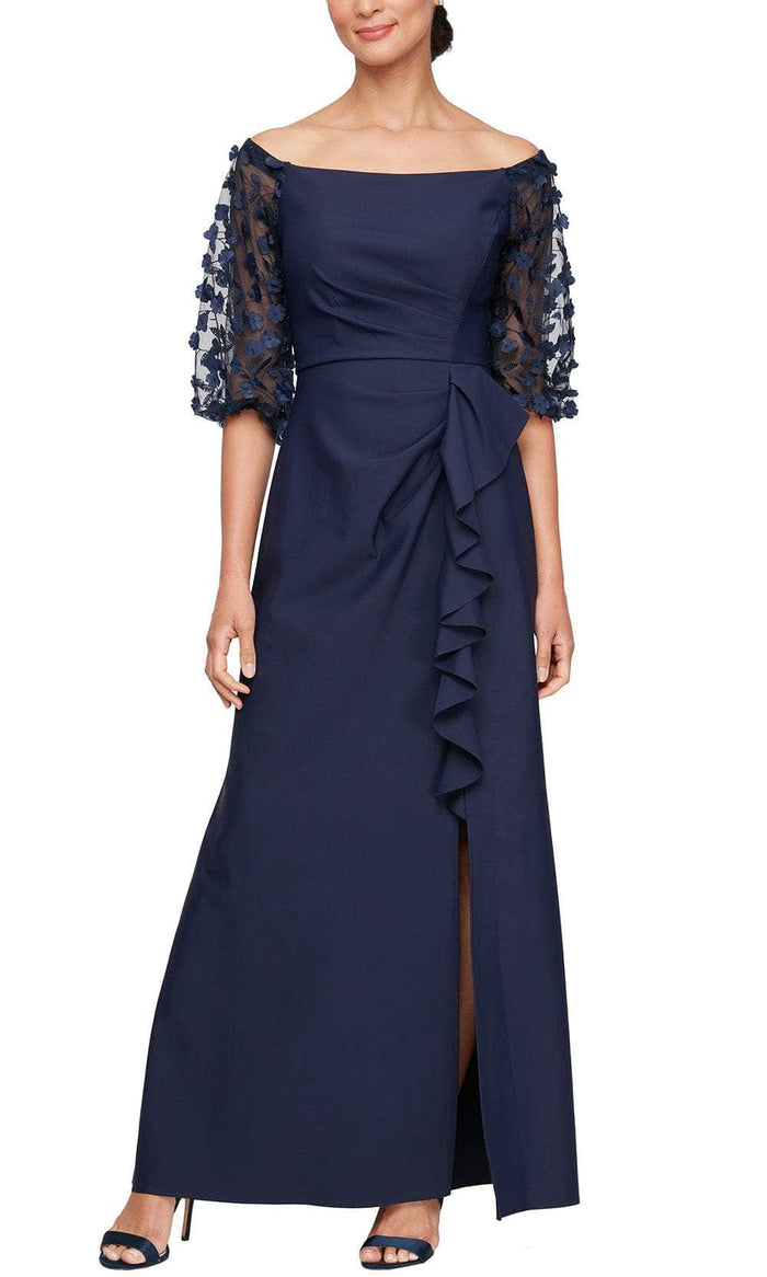 Alex Evenings 8134409 - Embroidered Illusion Sleeve Formal Gown Mother of the Bride Dresses 2 / Navy