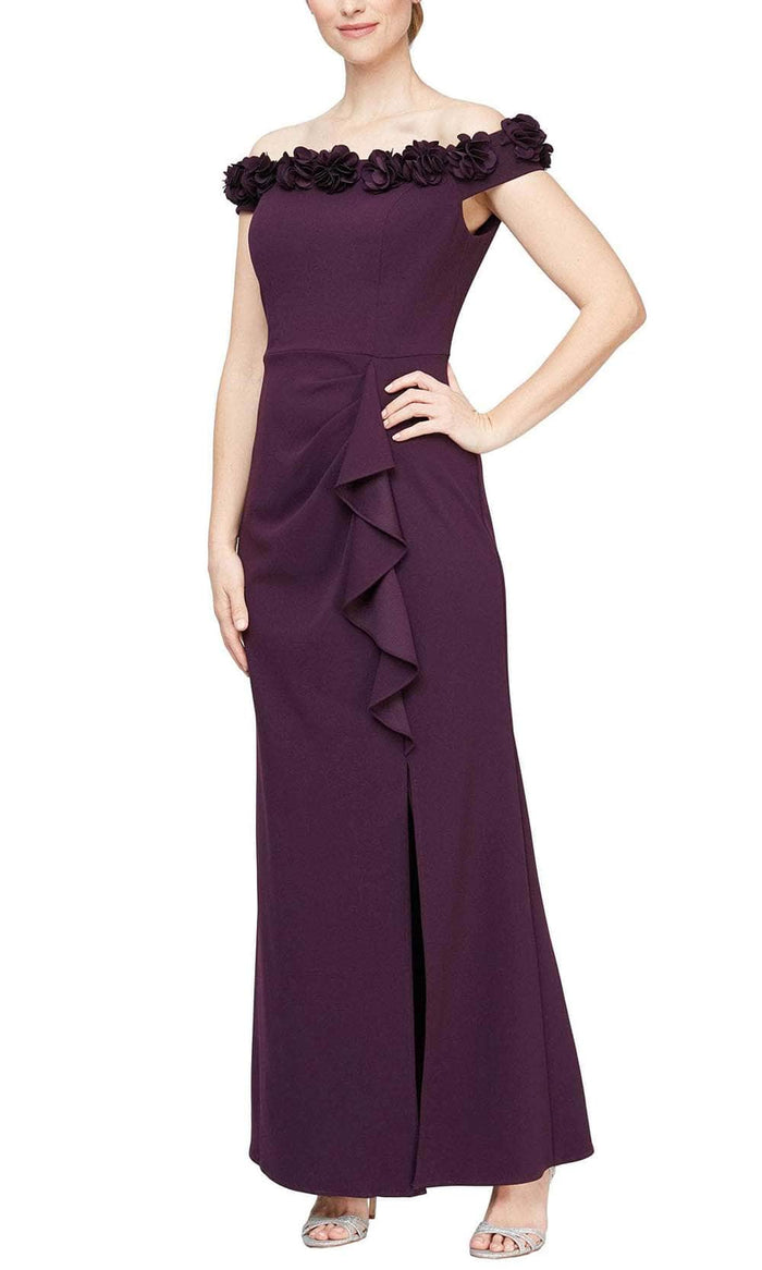 Alex Evenings 8160404 - 3D Floral Off Shoulder Neck Gown Evening Dresses 2 / Aubergine