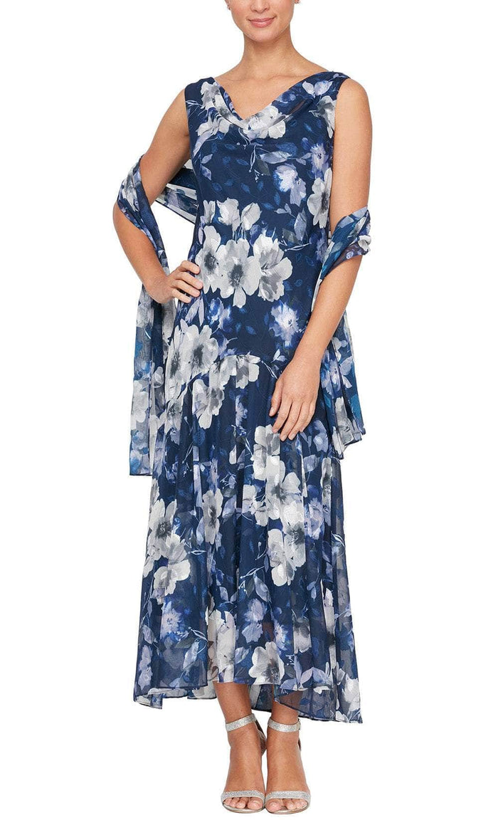 Alex Evenings 8175903 - Floral Cowl Neck Formal Dress Cocktail Dresses 8 / Navy Multi