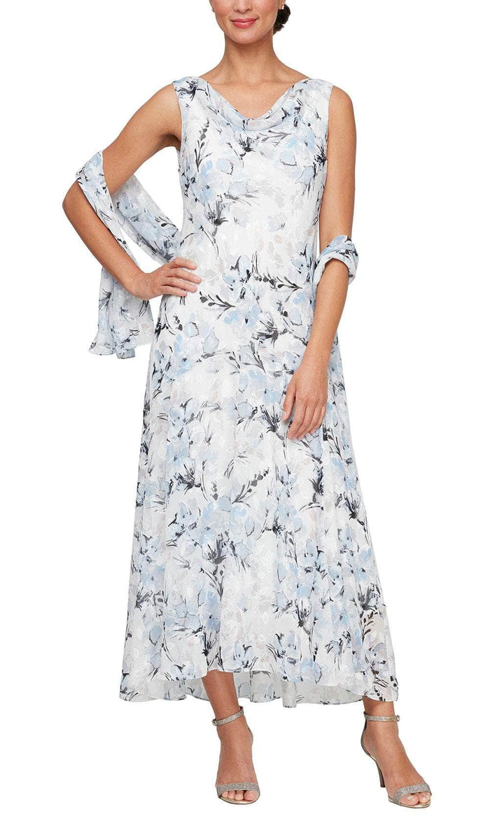 Alex Evenings 8175929 - Floral Print Cowl Formal Dress Cocktail Dresses 4 / Ivory Mult