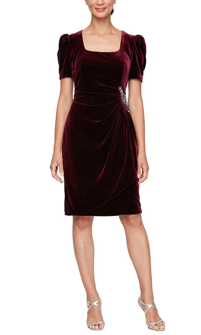 Alex Evenings 8191959 - Puff Shoulder Sleeve Ruched Detailed Cocktail Dress Wedding Guest 2 / Wine