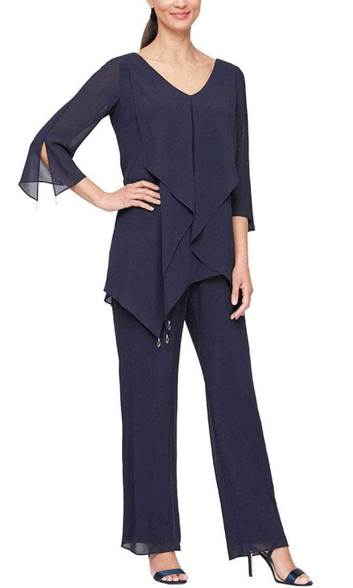 Alex Evenings 8192004 - Ruffled Scoop Neck Pantsuit Evening Dresses 2 / Navy