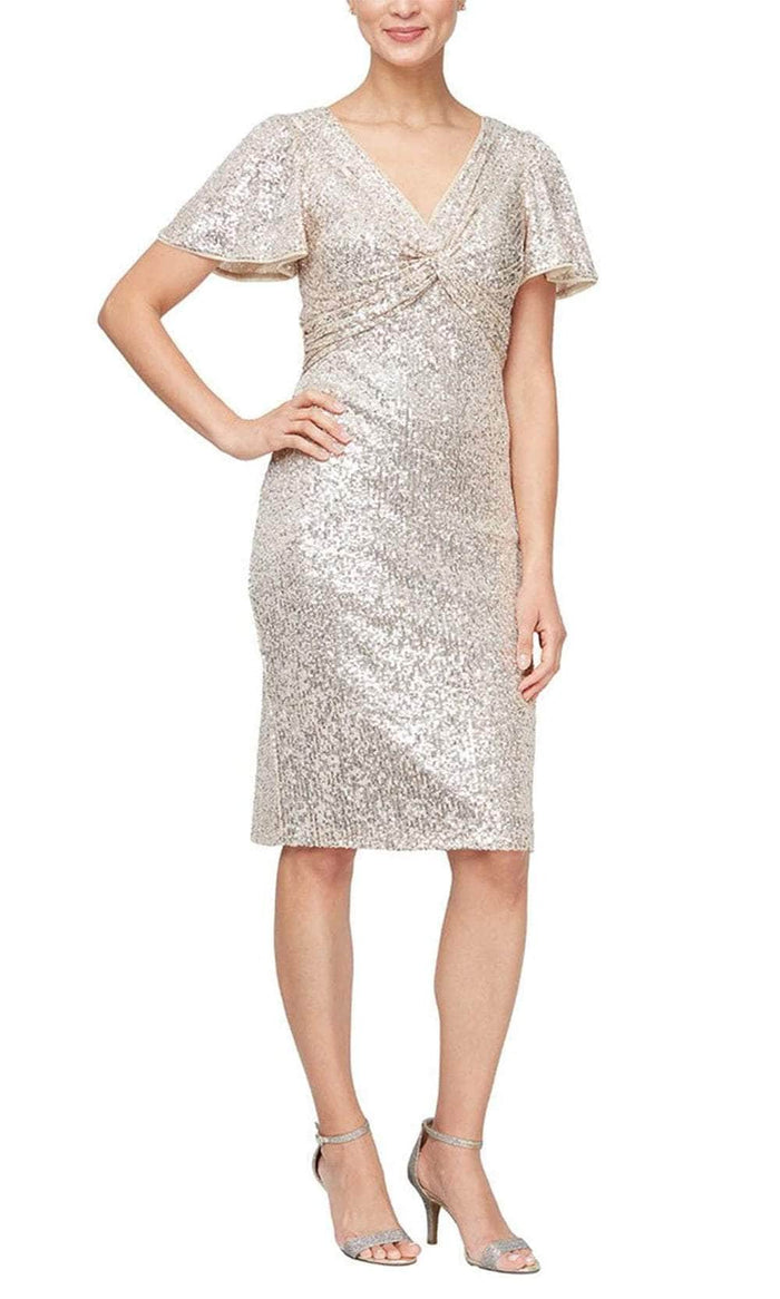 Alex Evenings 8196928 - Sequin Flutter Sleeve Dress Wedding Guest 2 / Taupe