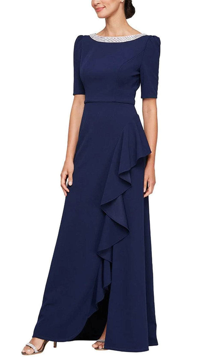 Alex Evenings 8260436 - Embellished Bateau Neck Elbow Sleeve Evening Dress Mother of the Bride Dresses 4P / Navy