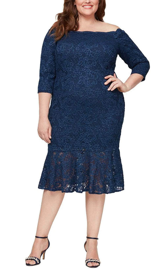 Alex Evenings 84122610 - Scallop Detail Lace Dress Semi Formal 14W / Navy