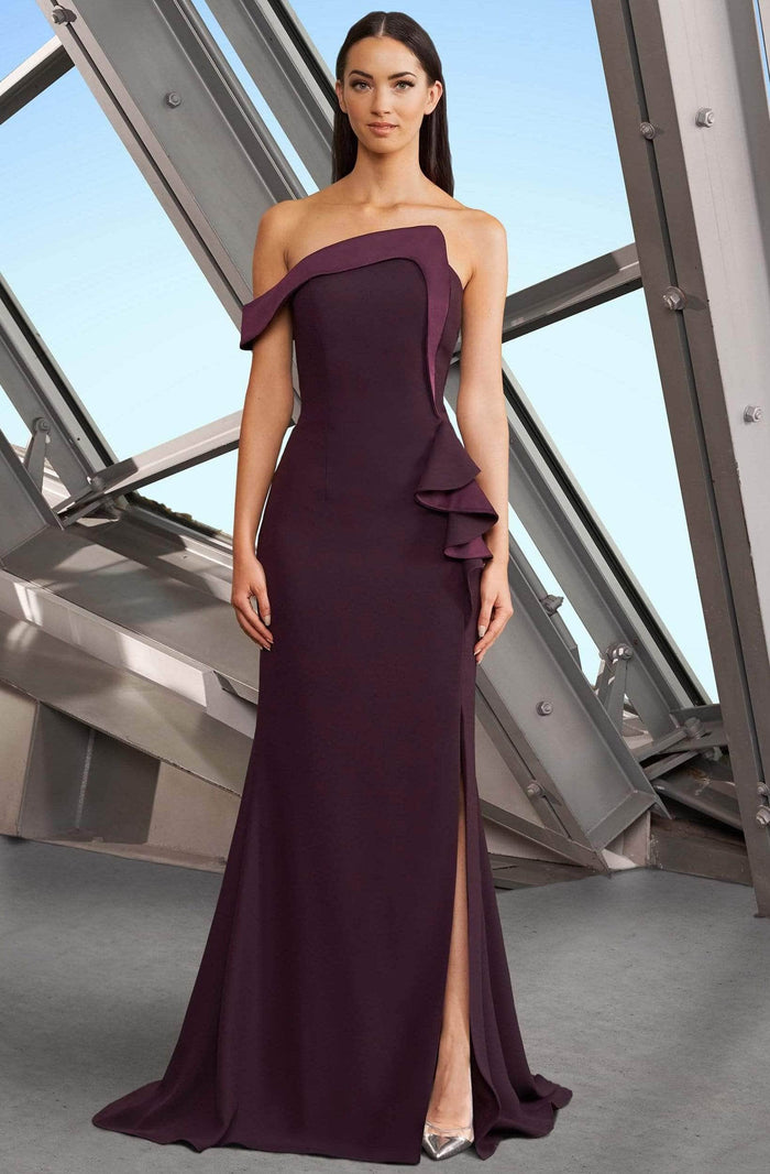 Alexander by Daymor 1188 - Off Shoulder Ruffled Evening Gown Evening Dresses 4 / Aubergine