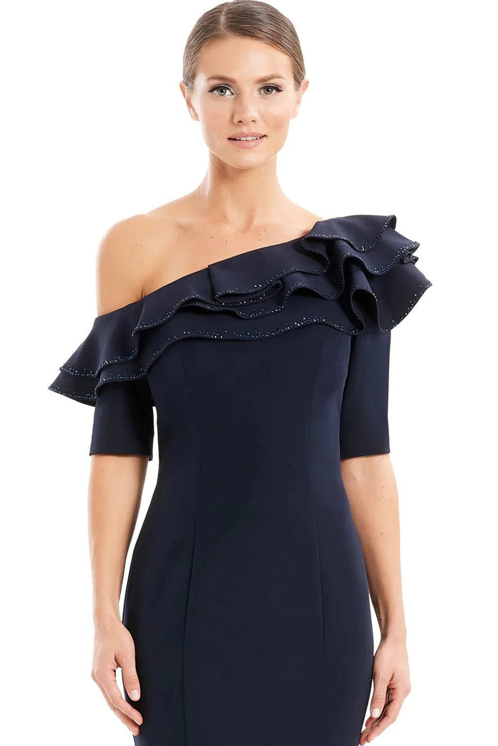 Alexander by Daymor 1663Short - Tiered Ruffle Detailed Knee-Length Dress Evening Dresses 10 / Navy