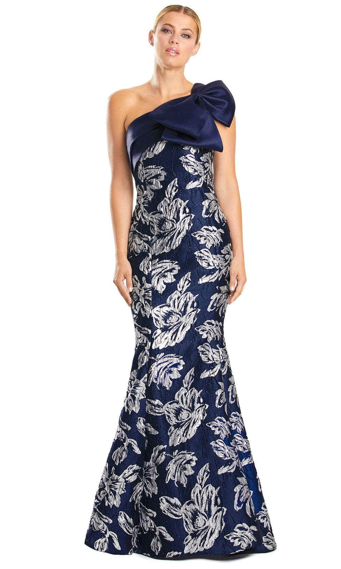 Alexander by Daymor 1851F23 - One-Sleeve Bow Accented Prom Dress Special Occasion Dress 00 / Navy/Silver