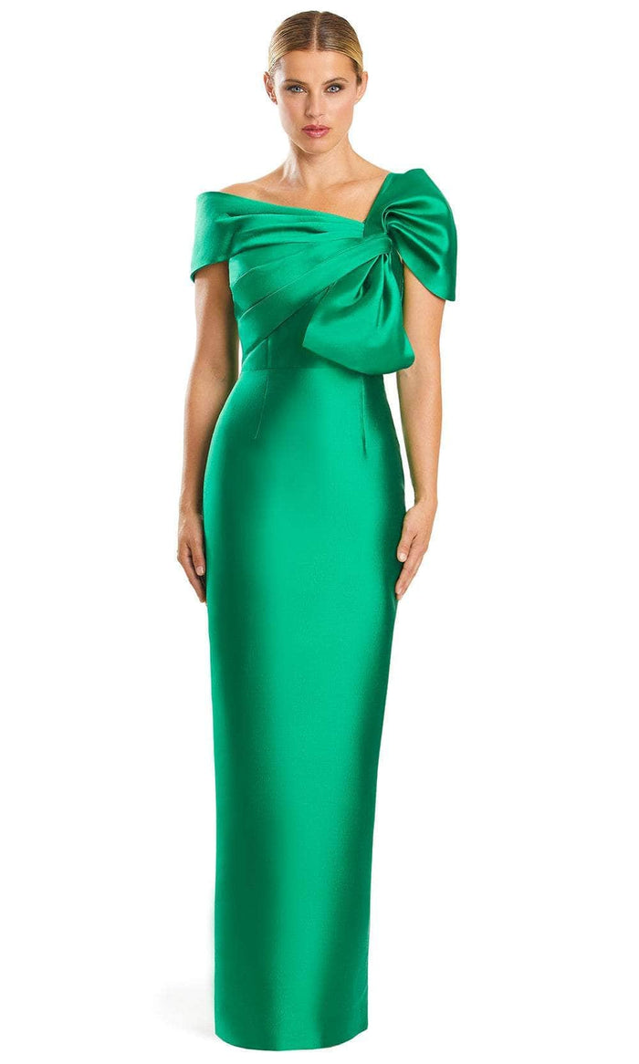 Alexander by Daymor 1885F23 -Pleated Bow Accented Evening Dress Evening Dresses 6 / Emerald