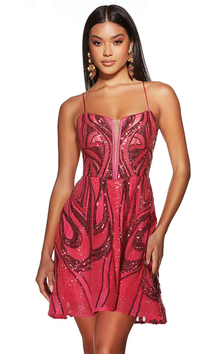 Alyce Paris 3778 - Plunging Sequin Embellished Cocktail Dress Cocktail Dresses 000 / Cerise