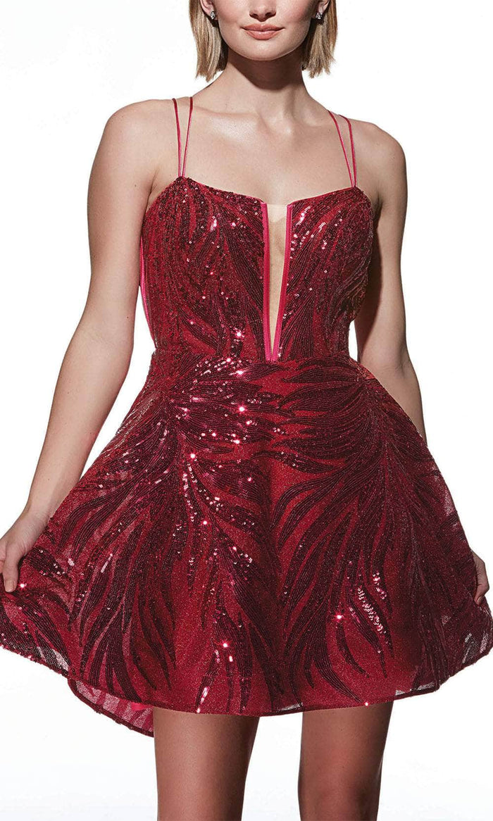 Alyce Paris 3783 - Strappy Detailed Back Sequined Cocktail Dress Cocktail Dresses 000 / Cerise