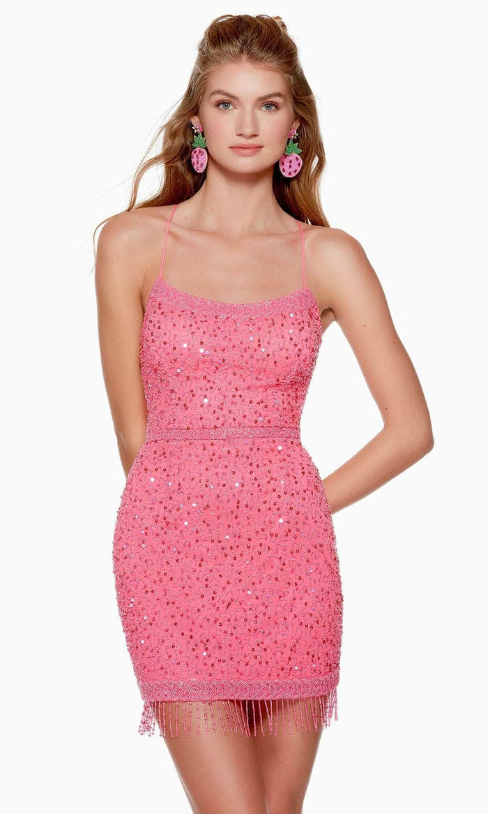 Alyce Paris 4680 - Fringed Hem Scoop Cocktail Dress Special Occasion Dress 000 / Neon Pink